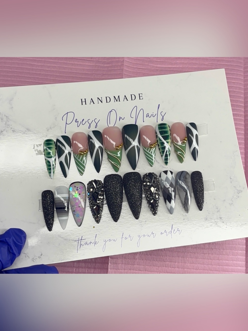 Long stiletto Press on nails French tips black green white glitter gold stripes